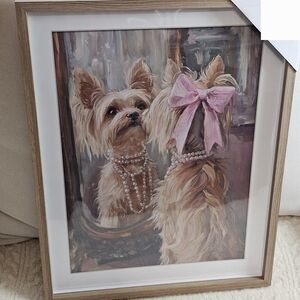 Charming Dog Portrait with Pink Bow in Wooden Frame
